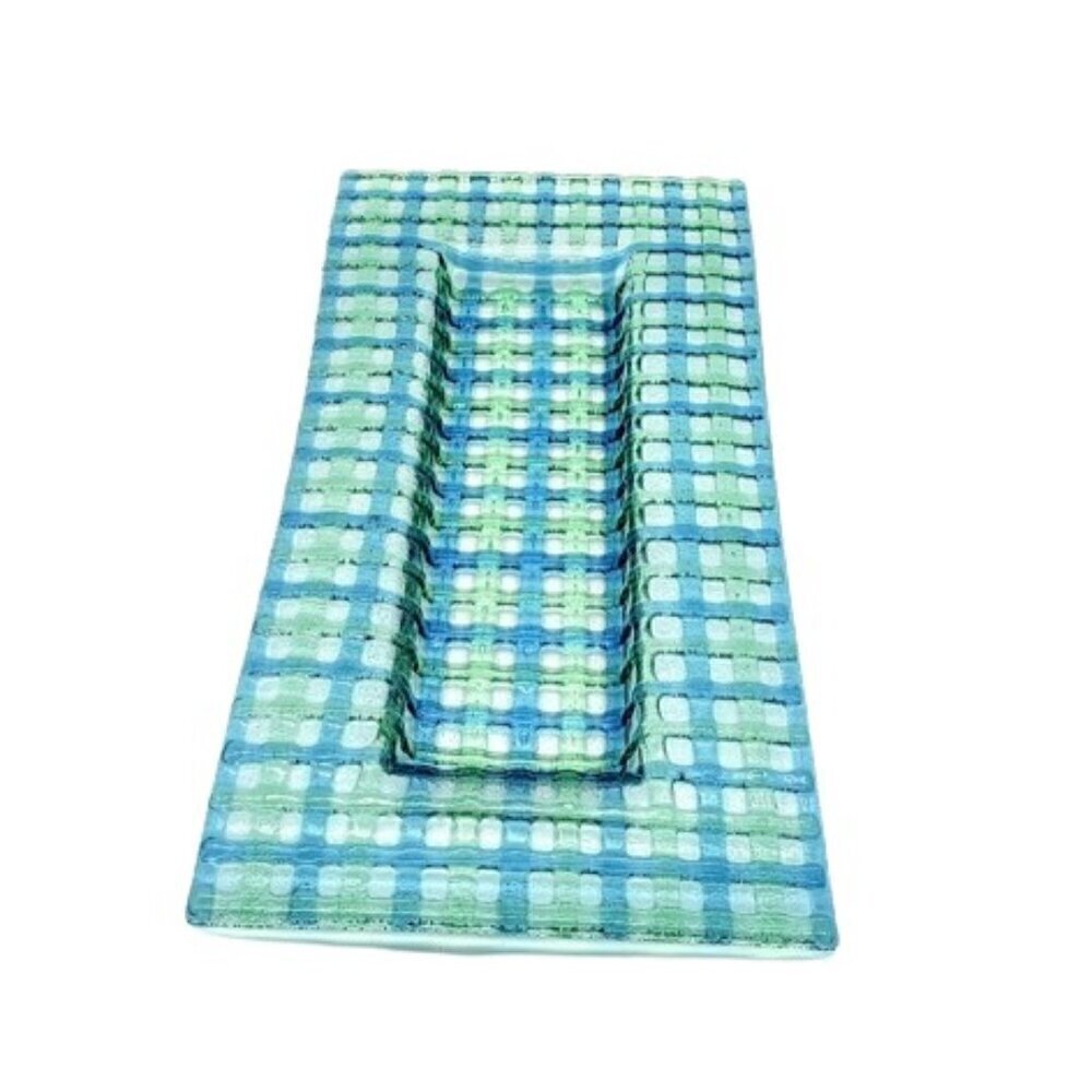Blue Green Woven Fused Glass Rectangular Serving Tray